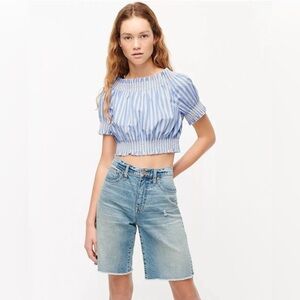 J. Crew | Puff Sleeve Smocked Top Blue and White Stripes Cropped Large